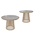 Two Round Dining Tables With Marble Tabletops And Rattan Woven Legs 3d model
