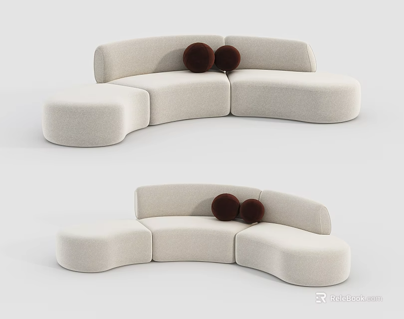 Modern Beige Curved Sectional Sofa With Two Brown Round Decorative Cushions 3d model