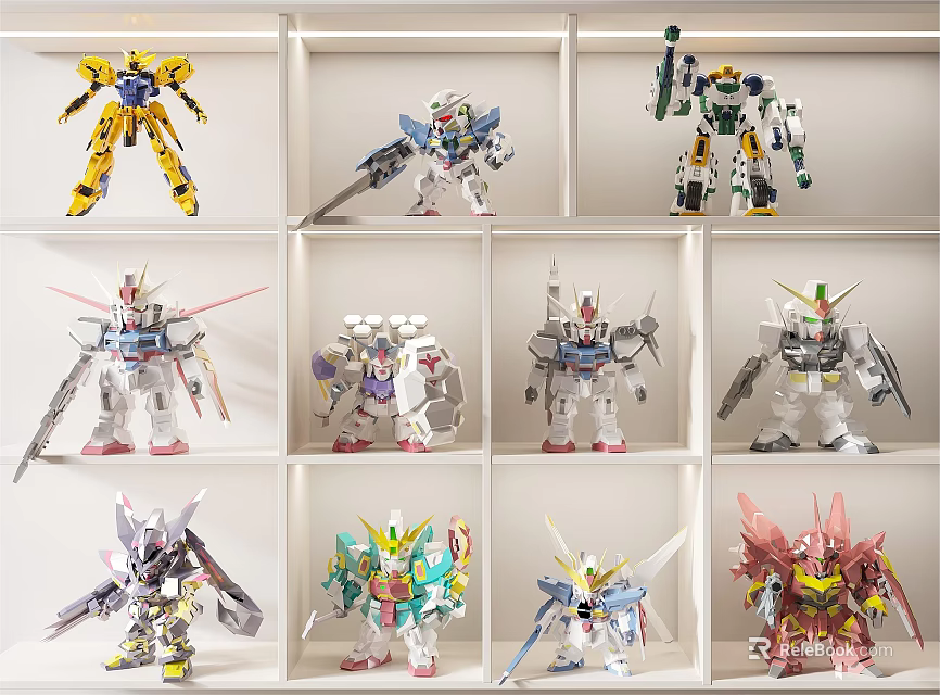 Dolls Collection Display On Shelf With Various Colorful Robot Models And Designs 3d model 
