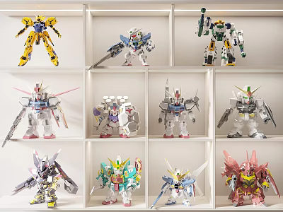 Dolls Collection Display On Shelf With Various Colorful Robot Models And Designs 3d model