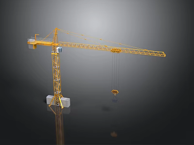 Yellow Tower Crane With Long Boom Base And Hanging Hook On Dark Background 3d model