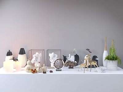 Modern Minimalist Decorative Ornament Collection With Ceramic Metal And Wooden Accents Candles Plants And Frames 3d model