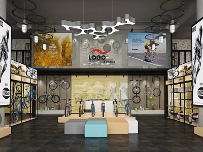 Bicycle Store With Display Racks Hanging Lights Clothing And Exhibition Platforms 3d model