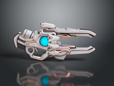 Futuristic Sci Fi Gun Mechanical Design With Silver Copper Parts And Blue Glowing Orb 3d model