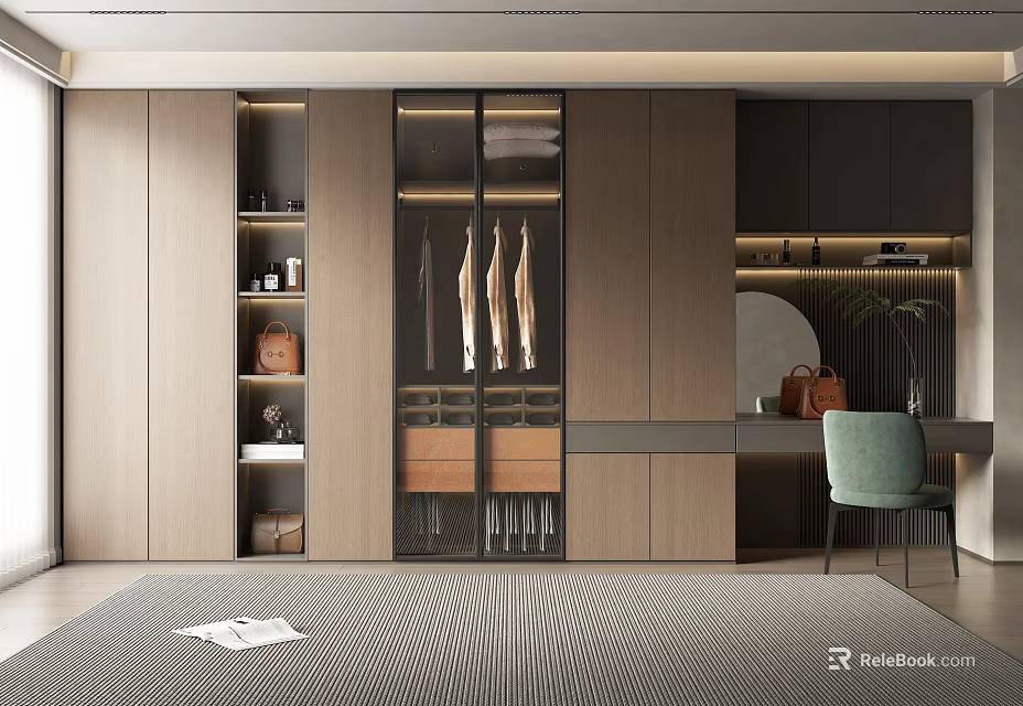 Modern Walk in Closet Interior With Wooden Cabinets Glass Door Wardrobe And Dressing Table 3d model 