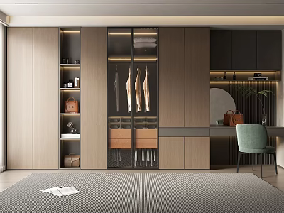 Modern Walk in Closet Interior With Wooden Cabinets Glass Door Wardrobe And Dressing Table 3d model