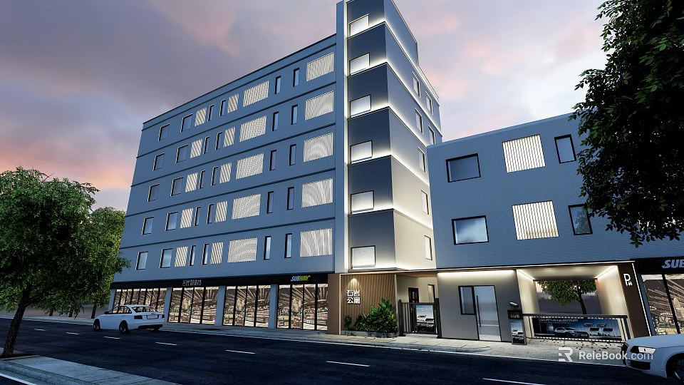 Modern Multi Storey Building With Glass Facade Trees And Evening Sky View 3d model 