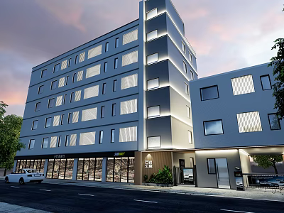 Modern Multi Storey Building With Glass Facade Trees And Evening Sky View 3d model