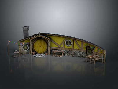 Hobbit Cottage with Yellow Exterior Round Door Stone Walls Chimney and Decorative Flags Tables Benches 3d model
