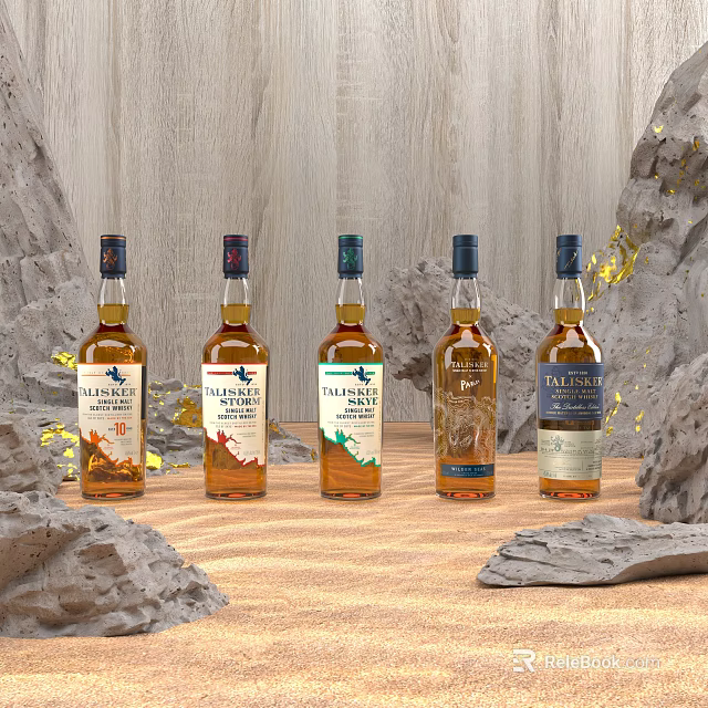 The Balvenie Whiskey Bottles Collection With Various Ages On Rocky Display Background 3d model 