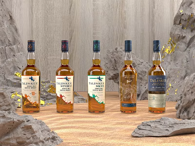 The Balvenie Whiskey Bottles Collection With Various Ages On Rocky Display Background 3d model