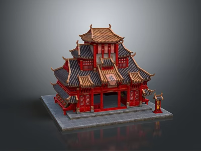 Cartoon Style Traditional Chinese Building With Red Pillars Golden Roofs And Lantern 3d model