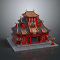 Cartoon Style Traditional Chinese Building With Red Pillars Golden Roofs And Lantern