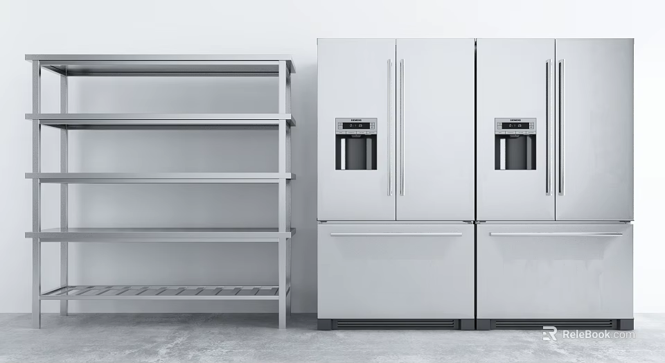 Stainless Steel Kitchen Appliances Double Door Refrigerator and Multi Tier Shelving Unit in Modern Kitchen 3d model 