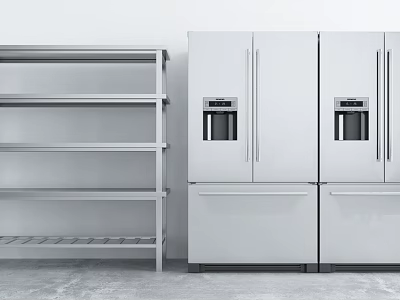 Stainless Steel Kitchen Appliances Double Door Refrigerator and Multi Tier Shelving Unit in Modern Kitchen 3d model