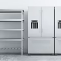 Stainless Steel Kitchen Appliances Double Door Refrigerator and Multi Tier Shelving Unit in Modern Kitchen