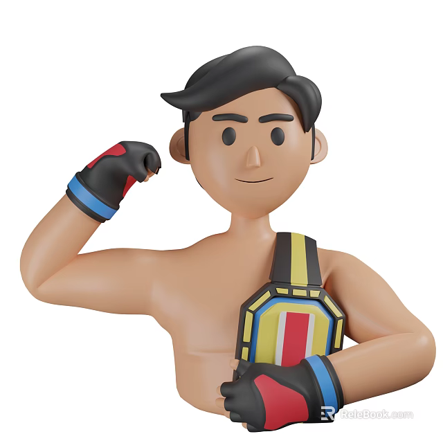 3D Gaming Movie Character With Black Hair Boxing Gloves And Colorful Belt Flexing Arm 3d model 