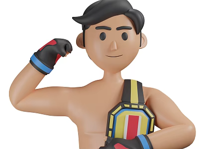 3D Gaming Movie Character With Black Hair Boxing Gloves And Colorful Belt Flexing Arm 3d model