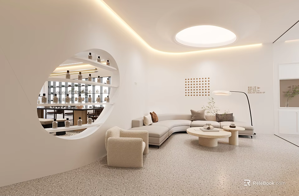 Modern Casual Sofa Set with Beige Armchair and Round Coffee Tables in Bright Interior 3d model 