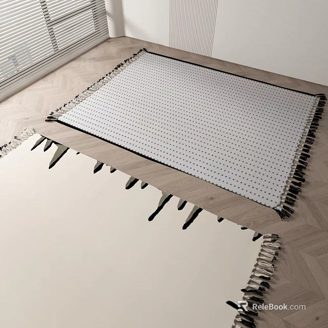Square Rug With Black Dots And Fringes On Wooden Floor 3d model 