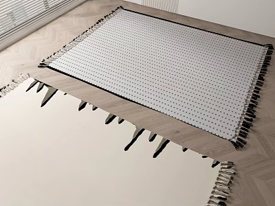 Square Rug With Black Dots And Fringes On Wooden Floor 3d model