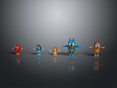 Colorful Cartoon Animal Character Toys Standing In Row On Grey Background 3d model