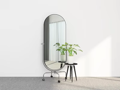 Oval Mirror With Wheeled Stand Green Plant On Round Table Against White Wall Gray Floor 3d model