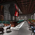 Modern Restaurant Interior Featuring Bar Counter Green Chairs Wine Racks And Decorative Paintings
