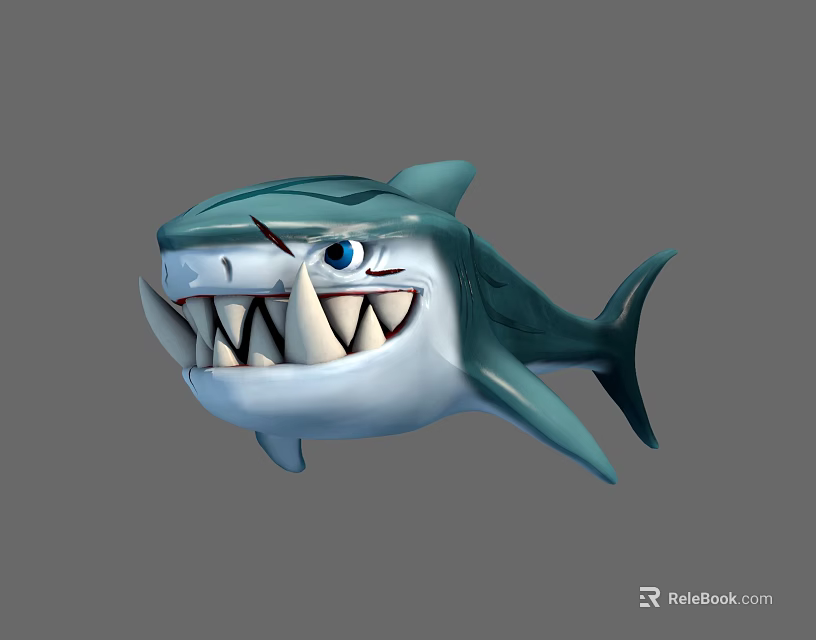 Fierce Cartoon Shark Character With Sharp Teeth Blue Eyes And Aggressive Expression 3d model