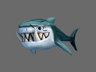 Fierce Cartoon Shark Character With Sharp Teeth Blue Eyes And Aggressive Expression 3d model