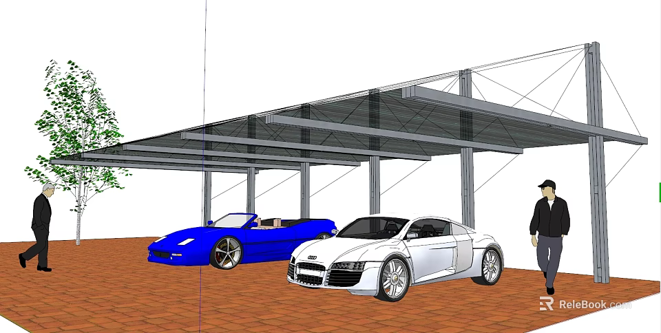 Outdoor Carport With Steel Structure Covering Blue Convertible And White Sedan 3d model 