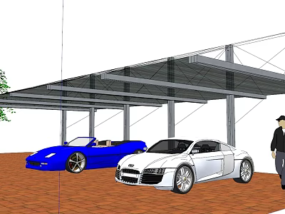 Outdoor Carport With Steel Structure Covering Blue Convertible And White Sedan 3d model