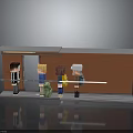 3D Pixel Style Characters Standing On Waiting Platform With Orange Wall And Wooden Floor