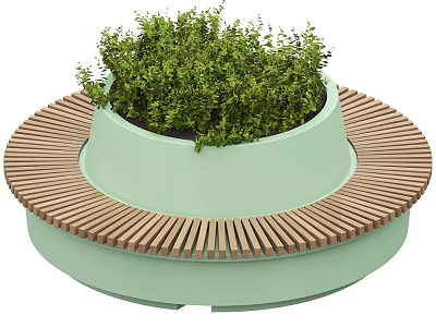 Modern Outdoor Public Chair With Round Wooden Slats Light Green Frame And Central Green Plants 3d model