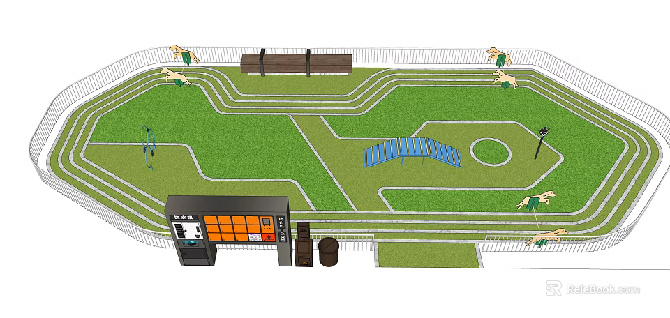 Well Designed Garden Landscape With Green Lawn Winding Tracks Blue Structure And Control Box 3d model 