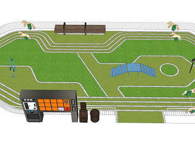 Well Designed Garden Landscape With Green Lawn Winding Tracks Blue Structure And Control Box 3d model