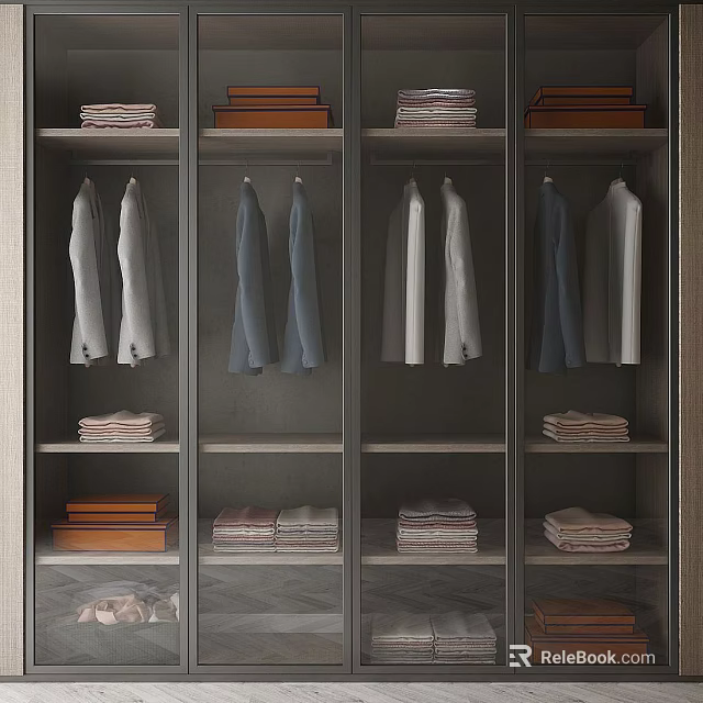 Organized Modern Wardrobe With Glass Doors Hanging Clothes And Folded Shelves 3d model 