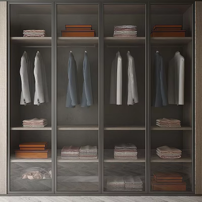 Organized Modern Wardrobe With Glass Doors Hanging Clothes And Folded Shelves 3d model
