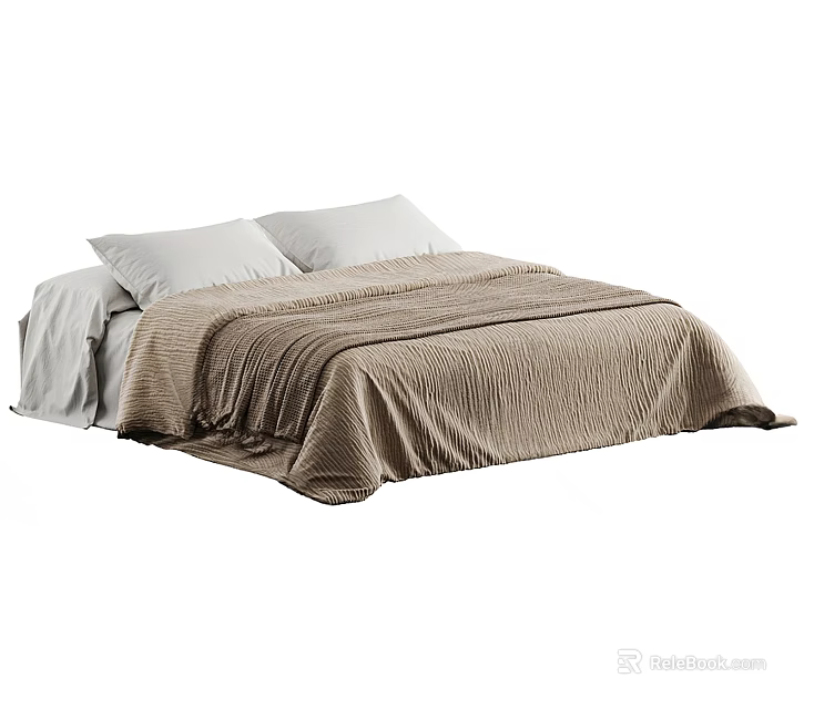 Modern Double Bed Interior With White Pillows Brown Blanket And Soft Linen Sheets 3d model 