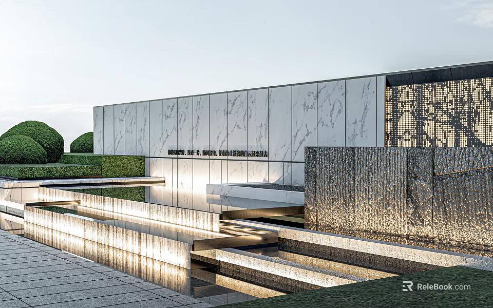 Modern Exterior With Water Feature Marble Wall And Lighting 3d model