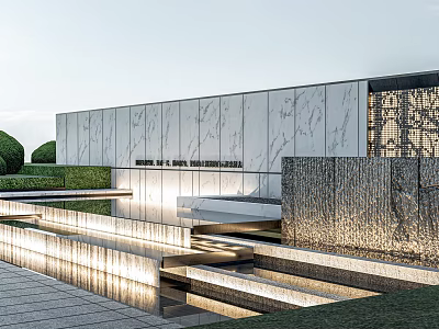Modern Exterior With Water Feature Marble Wall And Lighting 3d model