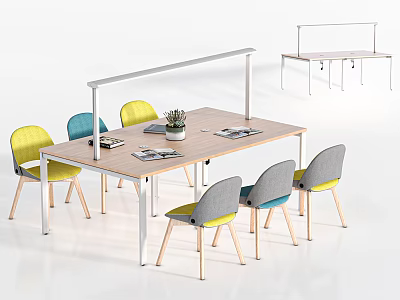 Modern Office Desk Featuring Colorful Chairs Potted Plant And Magazines On Surface 3d model