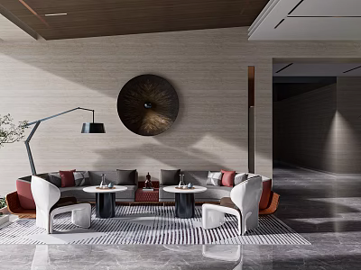 Modern Living Room Interior With L Shaped Sofa Circular Wall Art And Floor Lamp 3d model