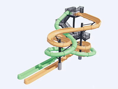 Thrilling Multi Level Spiral Water Slide With Green And Orange Slides And Platforms 3d model