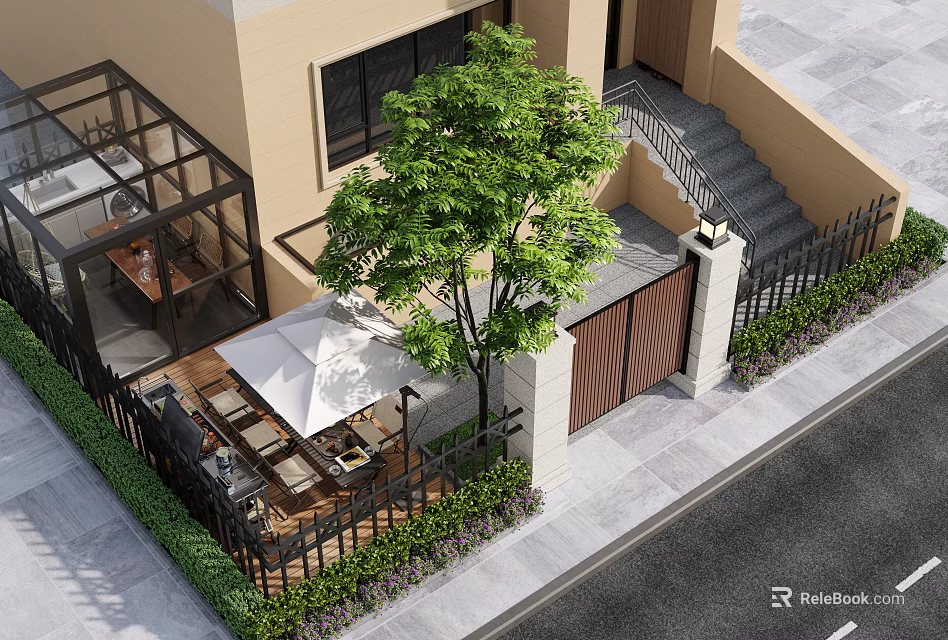 Modern Garden Landscape Design With Tree Patio Area Glass Structure And Outdoor Seating 3d model 