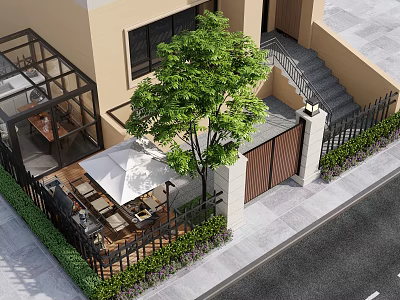 Modern Garden Landscape Design With Tree Patio Area Glass Structure And Outdoor Seating 3d model