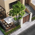 Modern Garden Landscape Design With Tree Patio Area Glass Structure And Outdoor Seating