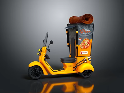 Yellow Mobile Food Tricycle With Pizza Design And Rolled Canopy On Top 3d model
