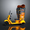 Yellow Mobile Food Tricycle With Pizza Design And Rolled Canopy On Top