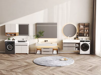 Modern Bathroom Interior With Double Sinks Washing Machines Round Mirror And Wooden Floor 3d model